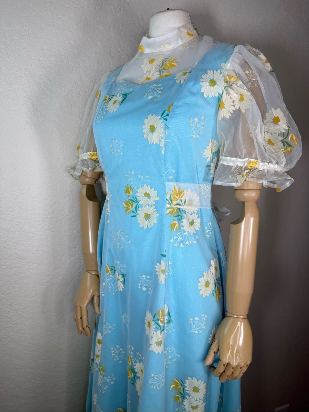 Vintage 60s Sky Blue Prairie Flocked Daisy Floral Ruffled Maxi Dress SMALL EUC - Picture 4 of 16